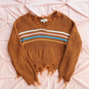 Burnt orange striped fringe knit sweater from No Comment, size L
